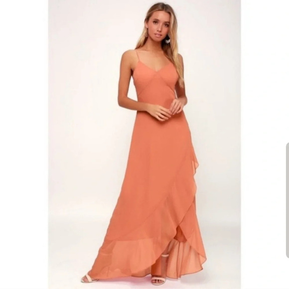 LULU’S Ada Lace Up Back Bohemian Maxi Slip Dress in Rusty Rose Size Medium - Picture 4 of 16